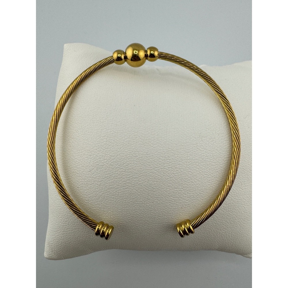 Stainless Steel Gold Tone Cuff Bracelet with Triple Sphere Bangle